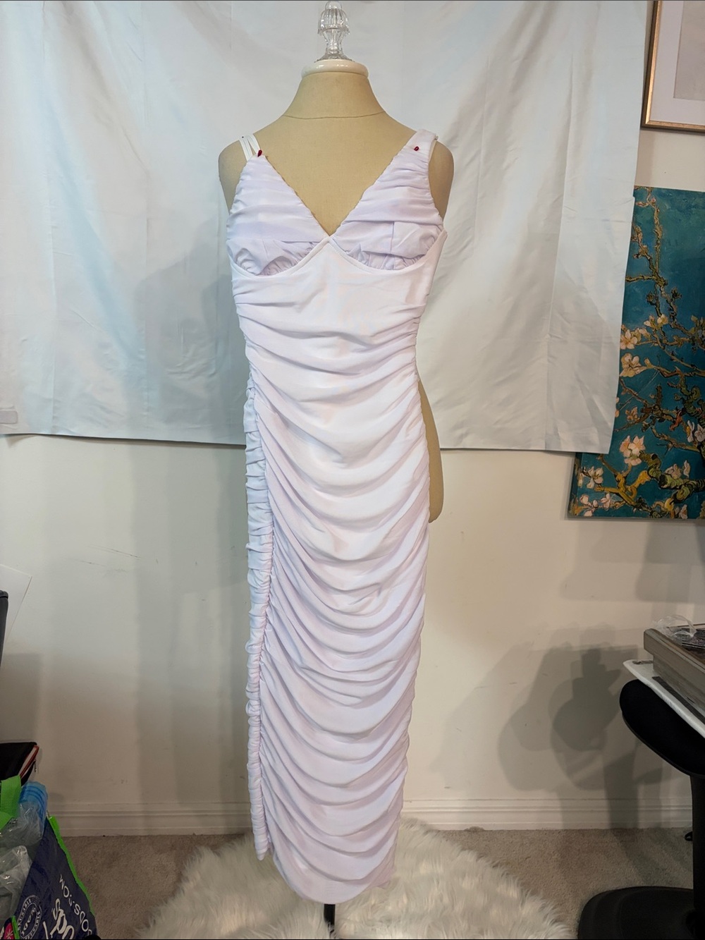 Elegant White Ruched Maxi Dress with V-Neck